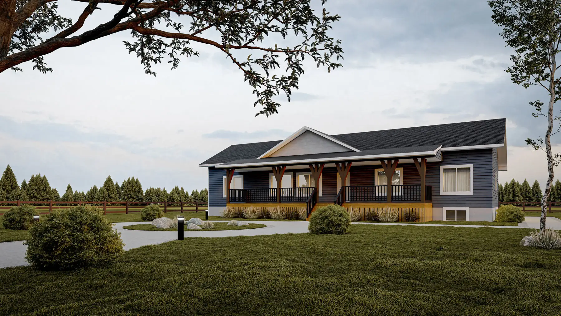 Ready-to-move home with dark blue siding, black trim, and a large covered front porch supported by wood posts, set against landscaped greenery.