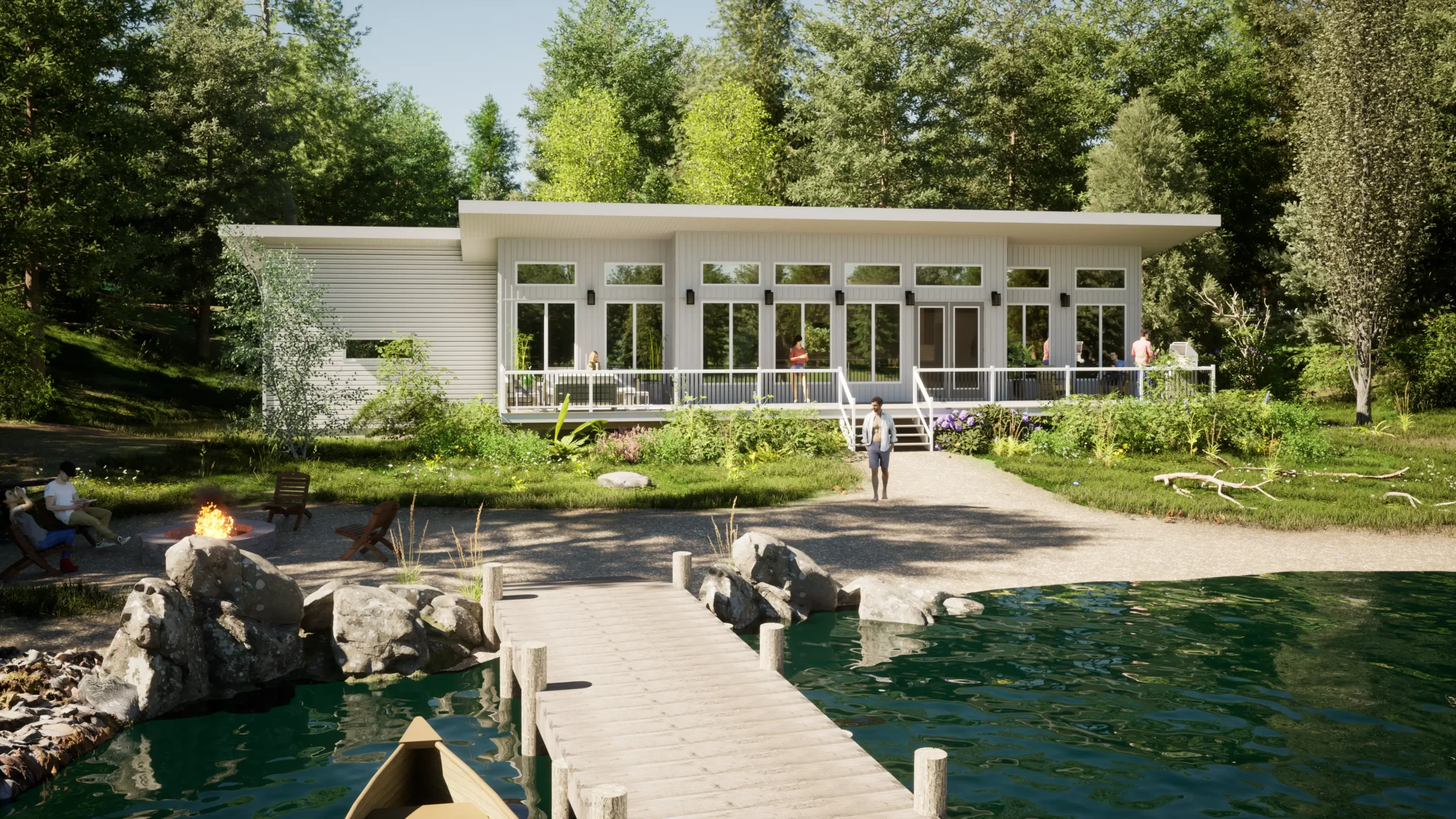 Modern lakeside home with a sleek, single-story design featuring large windows, a wraparound porch, and a serene natural setting. Surrounded by lush greenery, a firepit area, and a wooden dock leading to the water, the home offers a peaceful retreat for outdoor enthusiasts.
