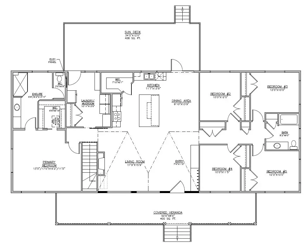 Floor plan of a spacious home featuring a central Living Room adjacent to an open Dining Area and Kitchen with an island. The layout includes five bedrooms, including a Primary Bedroom with a walk-in closet and ensuite. Additional features include a Laundry/Mudroom, a walk-in pantry (WIP), a full bath, and an expansive outdoor space with a Sun Deck and Covered Veranda, providing ample room for comfort and functionality.
