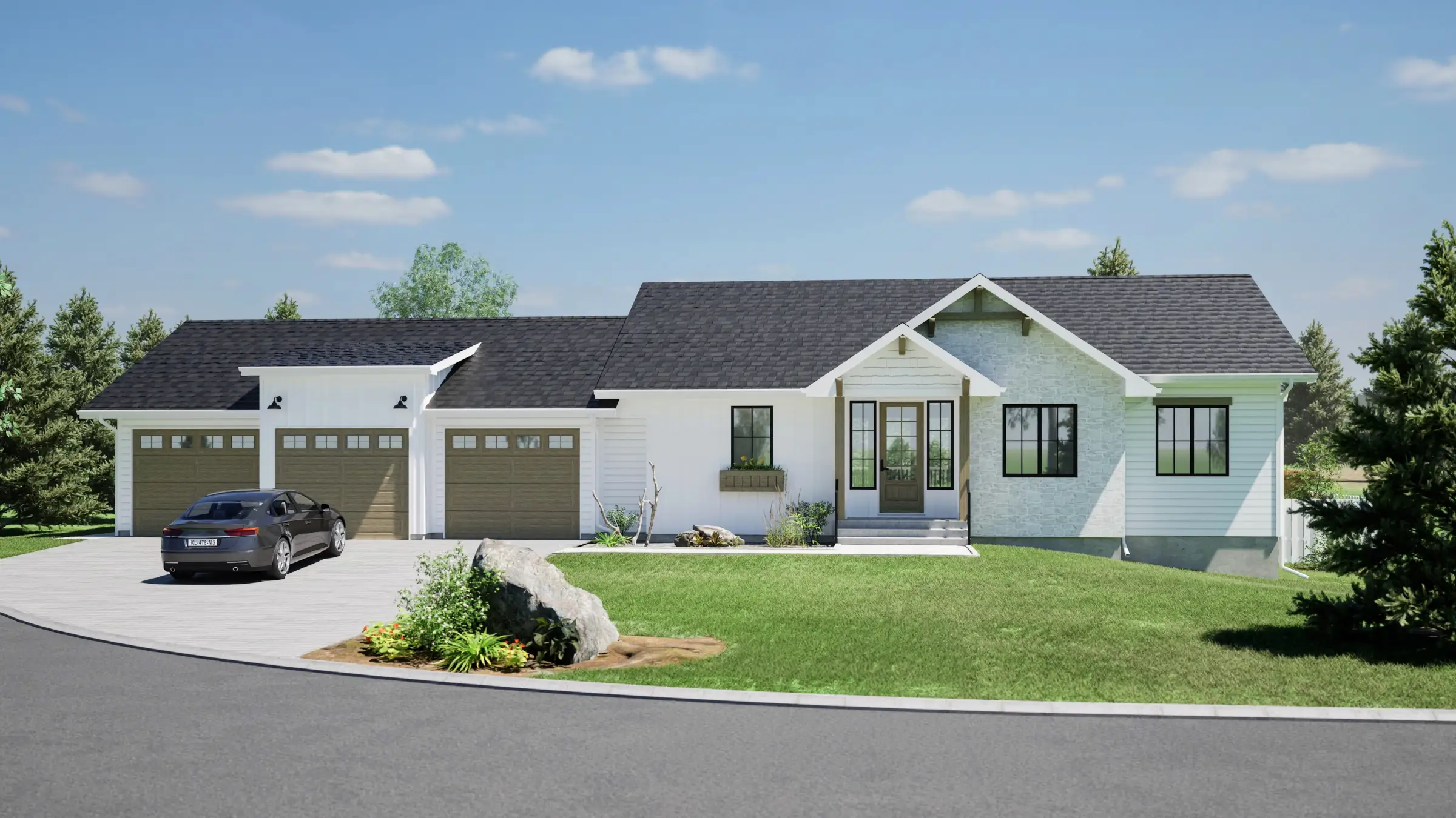 Modern ready-to-move (RTM) bungalow with attached triple-car garage, white siding with stone accents, black framed windows, and a covered front entry, set on a landscaped lot.
