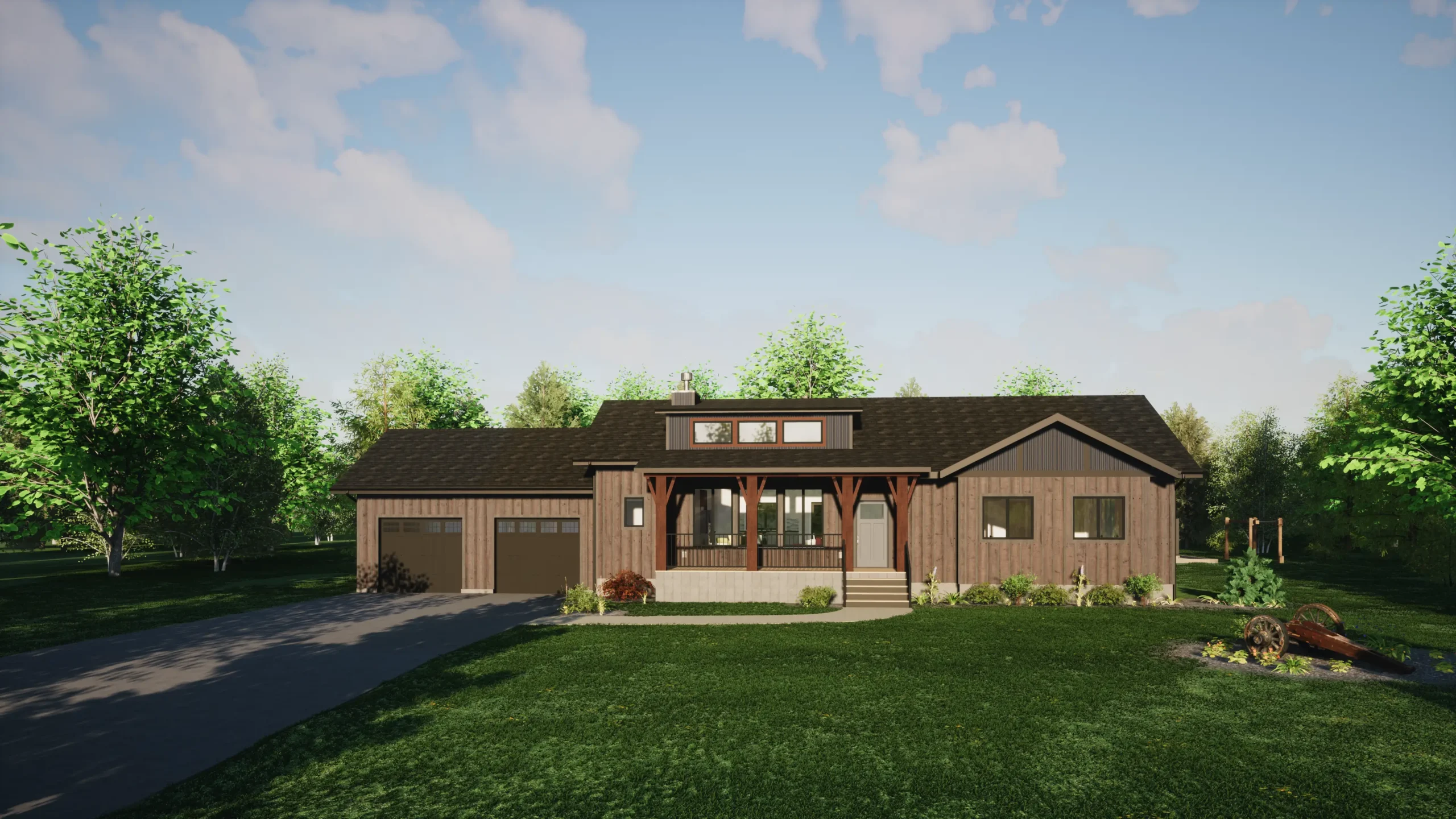 Rustic home with a natural wood exterior, a covered front porch supported by timber beams, and a two-car garage. Surrounded by lush greenery and set against a bright sky, this house exudes countryside charm and modern elegance.
