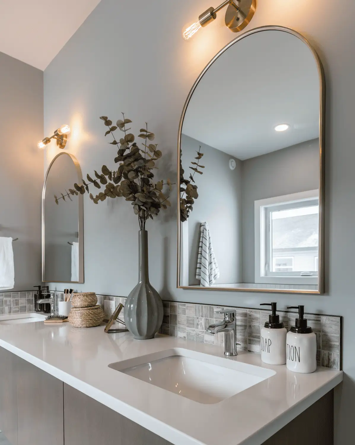 RTM home bathroom in Alberta or Saskatchewan with a double vanity, quartz countertop, two arched mirrors with brass sconces, mosaic tile backsplash, and a window.