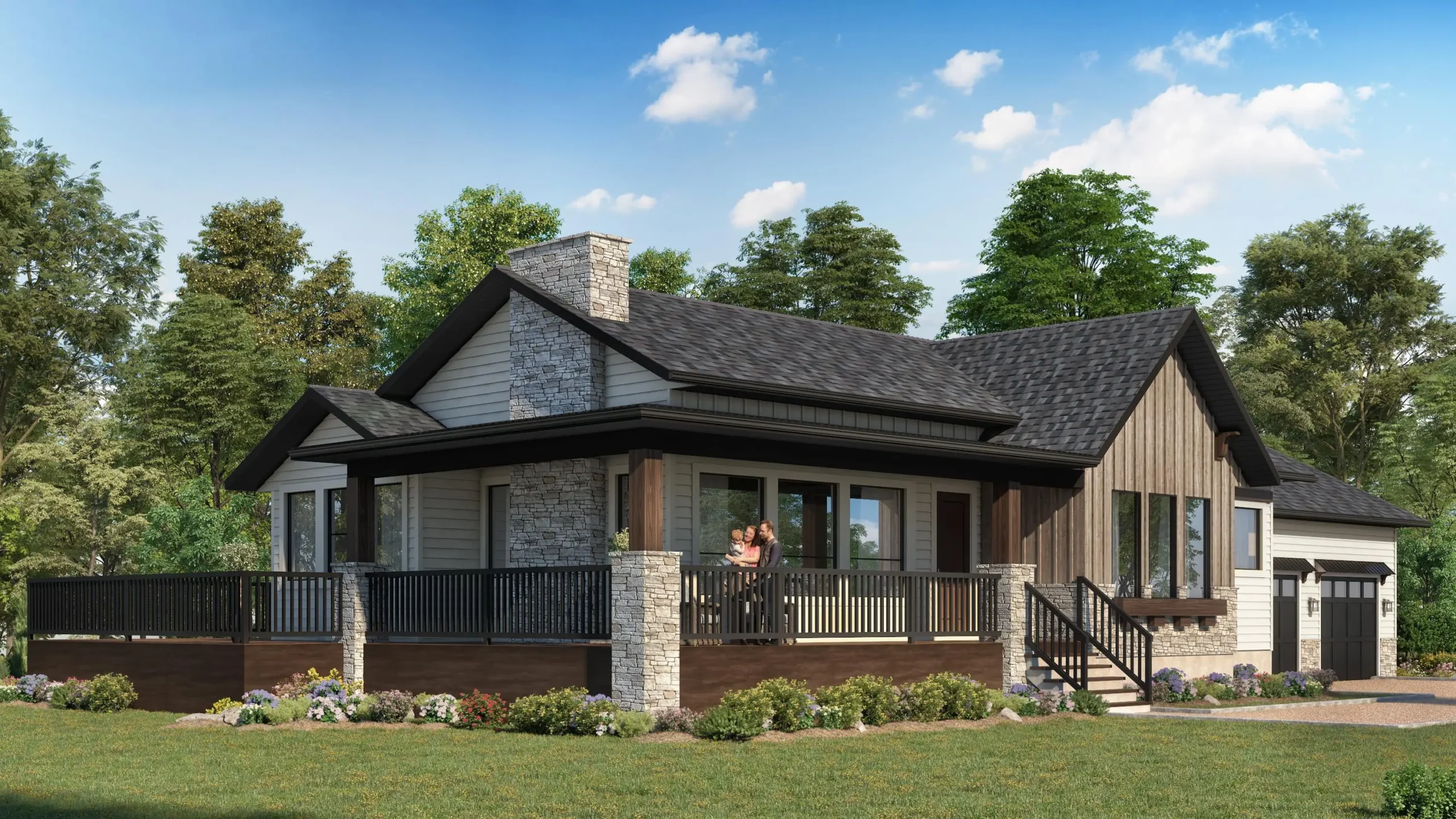 Rendering of an RTM bungalow with mixed materials—vertical board-and-batten, horizontal lap siding, and stone—black shingled gable roof, stone chimney, wraparound covered porch with black railing, large windows, and an attached double garage in a landscaped yard.