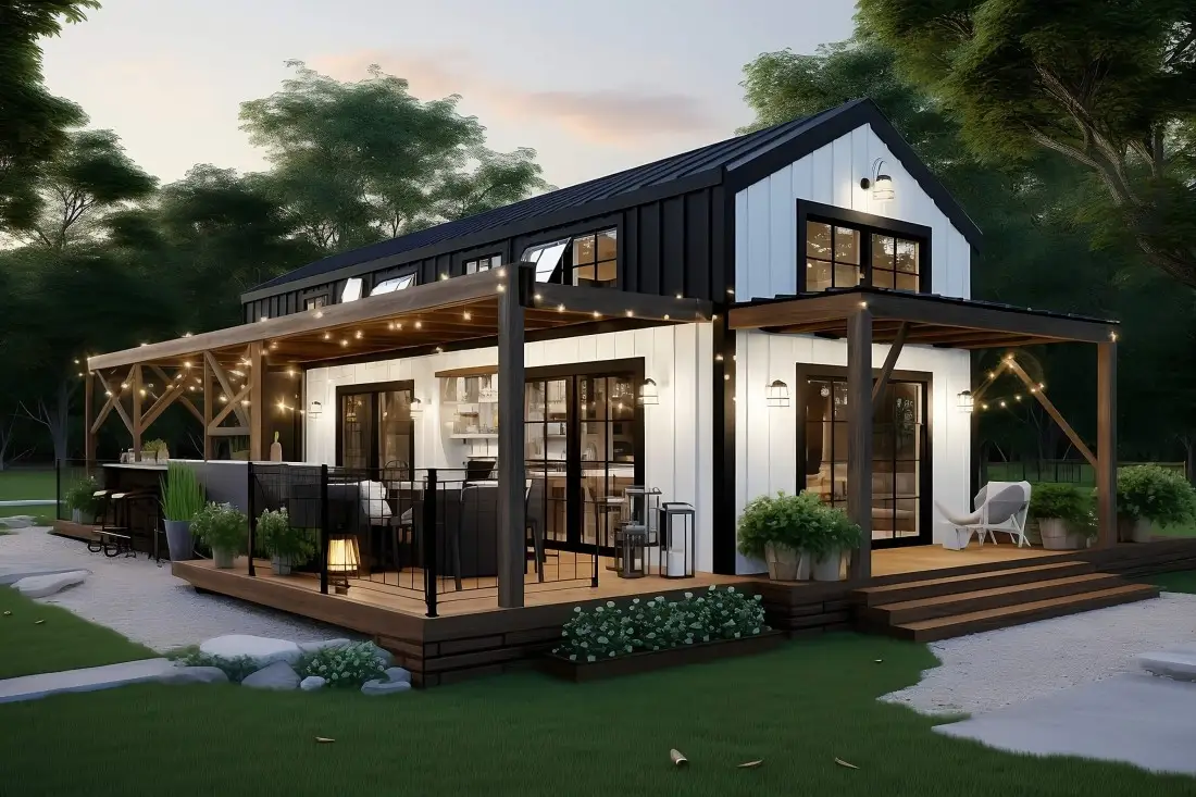 Modern farmhouse-style ready-to-move (RTM) home with black and white exterior, large windows, and wraparound deck featuring string lights, covered pergola, and outdoor seating, set in a landscaped yard.