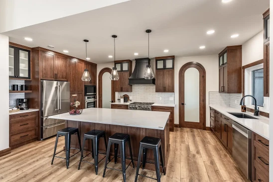 Modern kitchen with large island, wood cabinetry, stainless steel appliances, pendant lights, and bar seating in an open-concept RTM home.