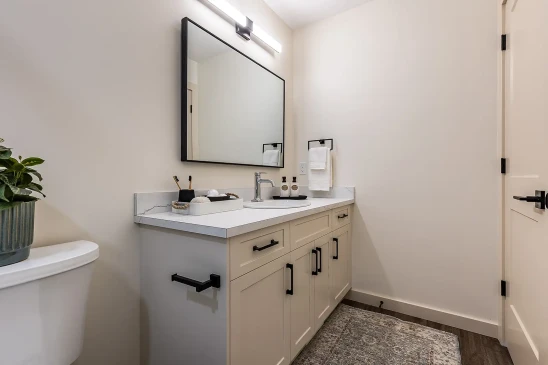 Modern bathroom in a ready-to-move home featuring a light-colored vanity with black hardware, a large framed mirror, white countertop, decorative accessories, and wood-look flooring.