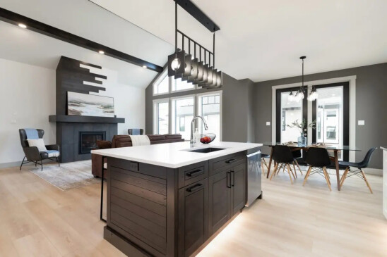 Modern kitchen with large island overlooking the dining area and vaulted living room.